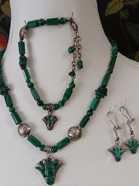 Designer Malachite Beaded Necklace Bracelet and Earrings Set